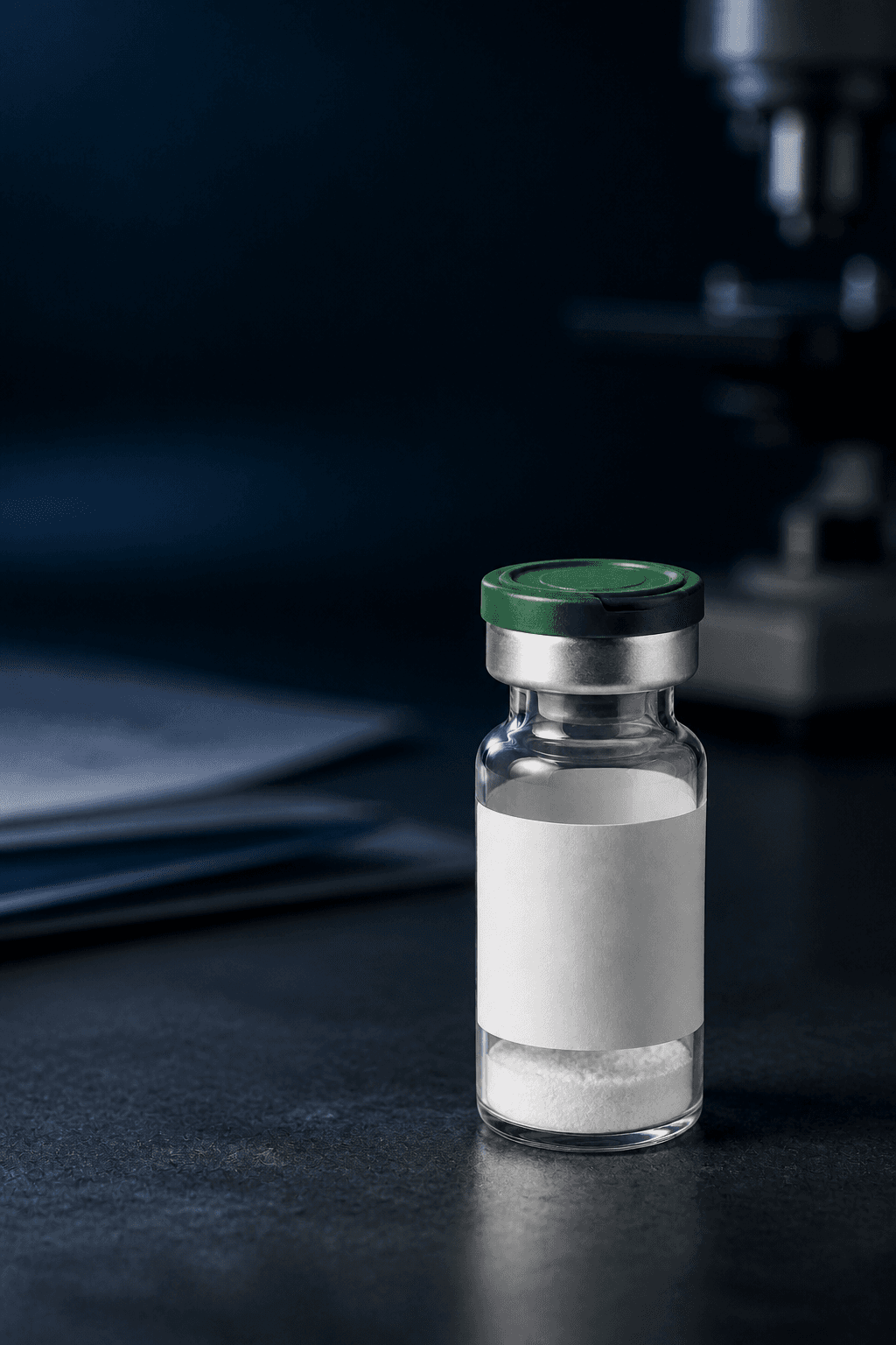 A blank-label research vial photographed for the ClearSpec Owner-Operator Field Guide